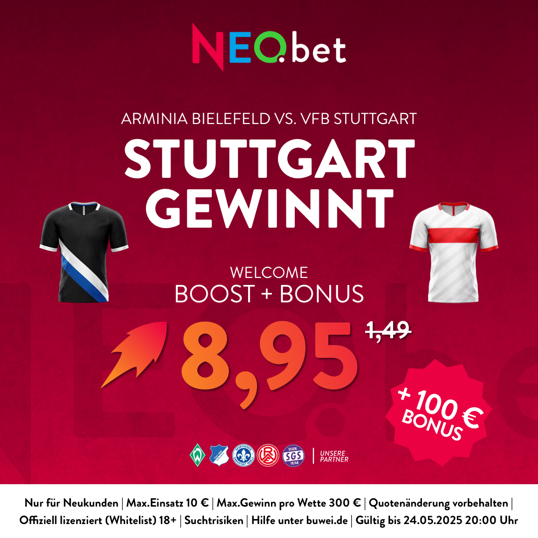 500% Quotenboost zu Bielefeld vs. Stuttgart mit NEO.bet Bonuscode wetten500